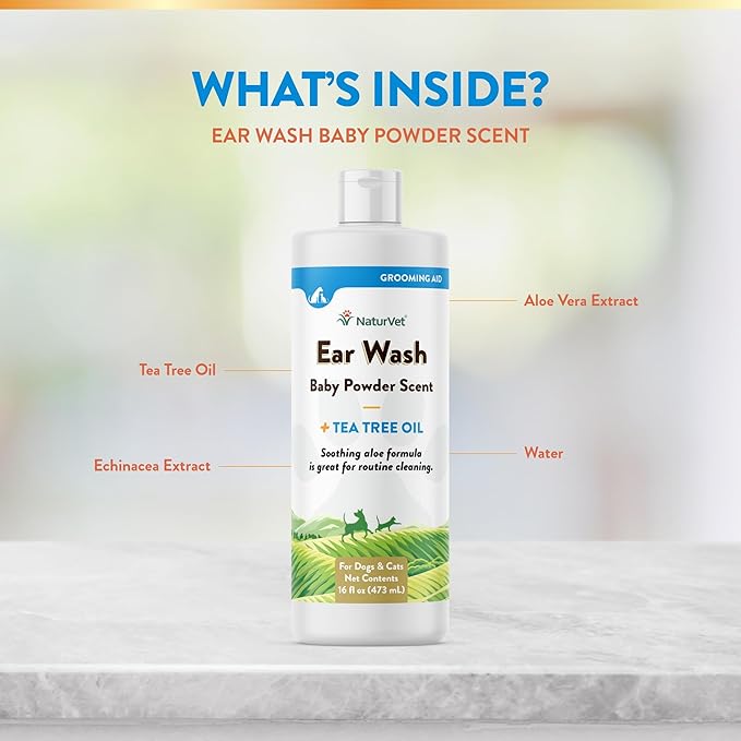 NaturVet Ear Wash Liquid Supplement for Dogs & Cats – Pet Health Supplement Cleans Dog, Cat Ear Canals – Includes Aloe, Tea Tree Oil – Helps Remove Pet Ear Wax, Dirt, Debris – 16 Oz.