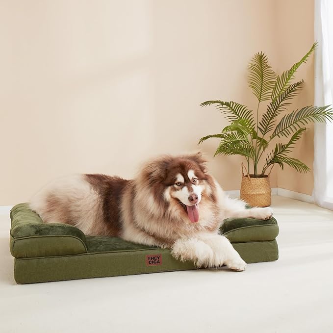 EHEYCIGA Orthopedic XXL Dog Bed for Extra Large Dogs, Waterproof Memory Foam Couch Bed with Sides, Non-Slip Bottom, Washable Removable Cover,Olive Green