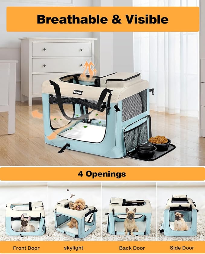 Extra Large Dog Crate with 2 Foldable Bowl, 40 Inch Collapsible Travel Dog Crate Kennel with Soft Blanket for Medium Dogs,Indoor & Outdoor (40" L x 27" W x 27" H, Blue)