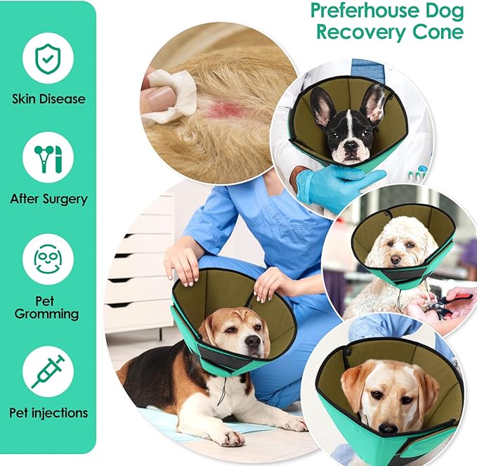 Dog Recovery Collar Cone for Medium Dogs, Adjustable Dog Cone Alternative After Surgery for Dogs to Stop Licking, Breathable Soft Cone for Medium Large Dogs, Green M