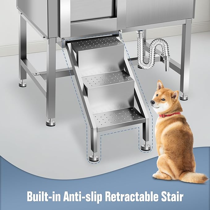 38" Pet Dog Bathing Station W/Stairs, Professional Stainless Steel Dog Grooming Tub W/Soap Box, Faucet,Rich Accessory, Dog Bathtub for Large,Medium,Small Pets, Washing Sink for Home,L-RAMP