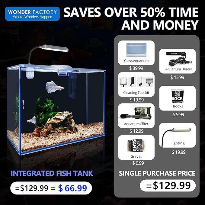 Small Aquarium Starter Kit, 2.6 Gallon Glass Betta Fish Tank with Heater Self Cleaning System Efficiency Filter Bright Light Rocks Gravel Cleaning Tool Set, Leak-Proof Ultra-Clear Rimless Desktop Tank