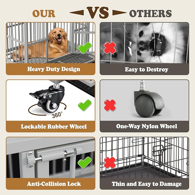 Dog Crate with Removable Tray, 37/42/46 Inch Indestructible and Escape Proof Steel Dog Cage Kennel for High Anxiety Dogs, Heavy Duty Dog Crate with Wheels, Double Door, Extra Large XL XXL