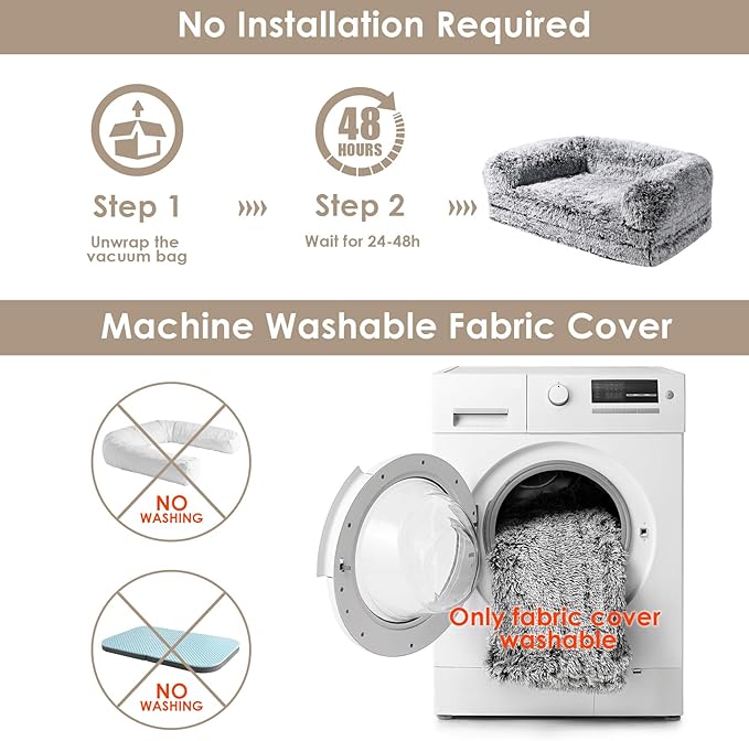 EHEYCIGA Foldable XXL Dog Bed, Faux Fur Fluffy Pet Couch Bed for Extra Large Dogs, Orthopedic Calming Memory Foam Pet Bed, Washable Soft Pet Sofa Bed with Non-Slip Bottom, Faded Black, 54"x38"x7.5"