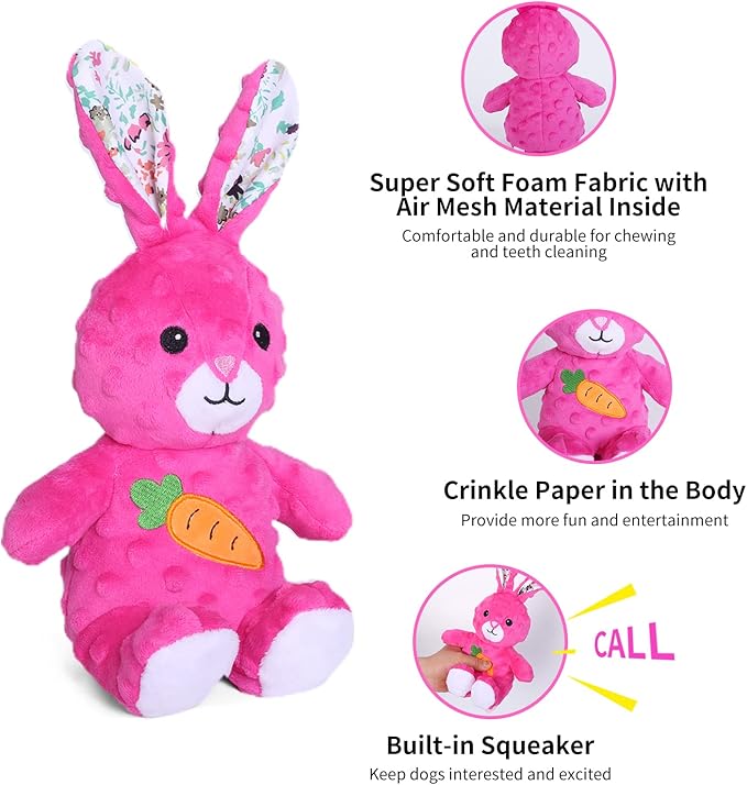 DODODOLA Dog Toys Stuffed Dog Toy with Crinkle Paper Cute Rabbit Plush Bunny Squeaky Dog Easter Toys Dog Chew Toys for Medium Large Breed
