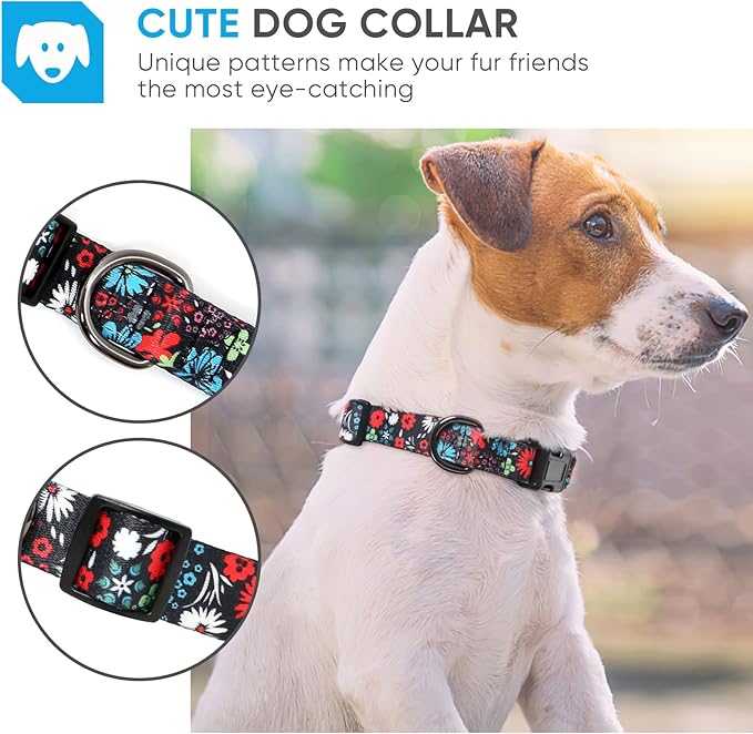 HEELE Dog Collar, Adjustable Soft Dog Collar for Small Medium Large Dogs,Floral Patterned Puppy Collars with Quick Release Buckle M Length 13.39''-20.87''