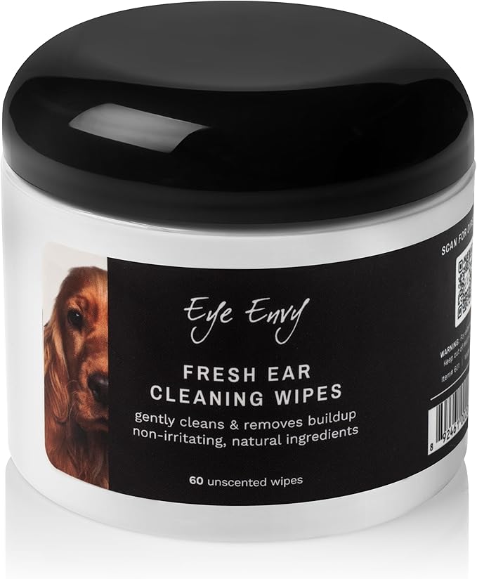 Eye Envy Fresh Ear Cleaning Wipes for Dogs. Made in The USA from Natural Ingredients. Unscented. Prevents Infections. Safe and Non-Irritating. Removes Dirt, Debris, and Wax buildup. 60 Count.