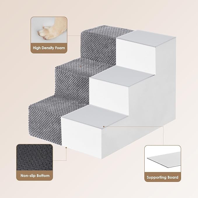 EHEYCIGA Dog Stairs for Small Dogs 13.5" H, 3-Step Dog Steps for Couch Sofa and Chair, Pet Steps for Medium Cats, Non-Slip Balanced Pet Ramp Indoor, Grey