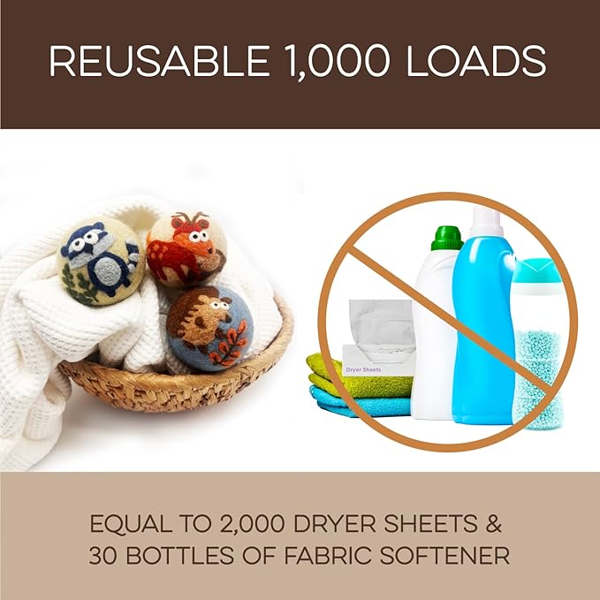 Fluff Ewes Wool Dryer Balls 3 Pack Premium New Zealand Wool Laundry Balls for Dryer, No Static Dryer Balls Laundry Reusable, XL Hedgehog Dryer Balls, Baby Dryer Balls for Dryers - Hedgehog and Homies