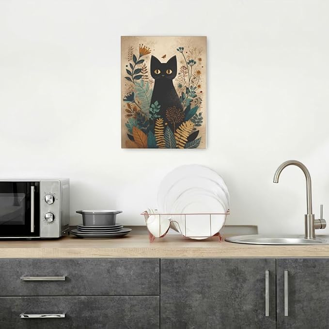 Boho Black Cat Wall Art Kitten Botanical Wall Decor Mid Century Modern Canvas Painting Print Minimalist Pictures Artwork Framed Decorations Gifts for Cat Lover Bathroom Nursery Living Room Bedroom Kitchen 12"x16"