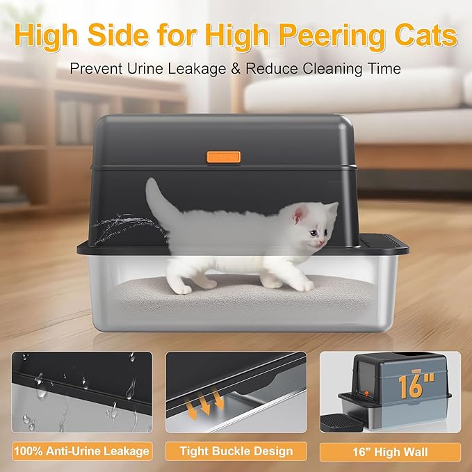 Enclosed Stainless Steel Litter Box with Lid, 20L Metal Enclosed Litter Box for Big Cat, Flip-Top Design with Anti-Leakage High Sides, Cat Lovers Gifts（Black）