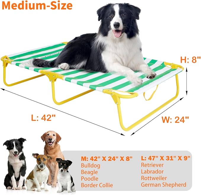 Dog Elevated Bed Foldable Portable Raised Bed Camping cot Outdoor Summer Dog Bed (Medium, GreenStripes-Oxford Fabric)