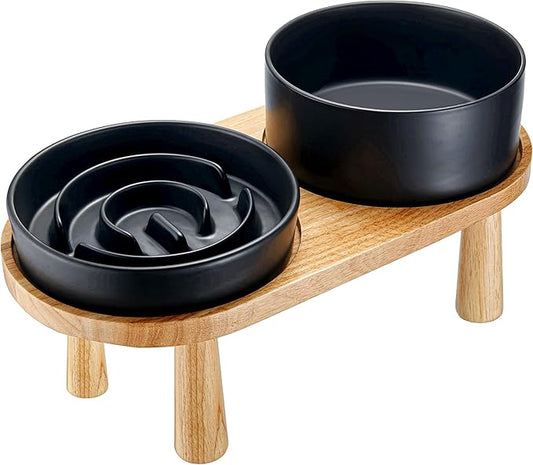 Ceramic Slow Feeder and Water Bowl Set for Small Dogs, Ceramic Dog Bowls Elevated with Wooden Stand, 0.6 Cups Dog Slow Feeder(14oz) and 30oz Water Bowl Set, Black