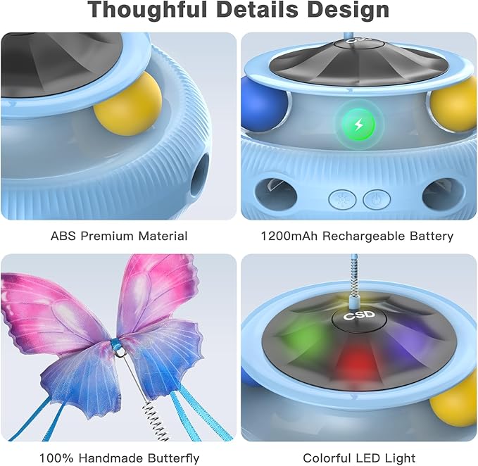 Automatic Interactive Cat Toys for Indoor Cats & Bored Adults - Kitten Toys with Fluttering Butterfly, Ambush Feather & Track Balls - Exercise & Stimulation for Playful Cats (Sky Blue)