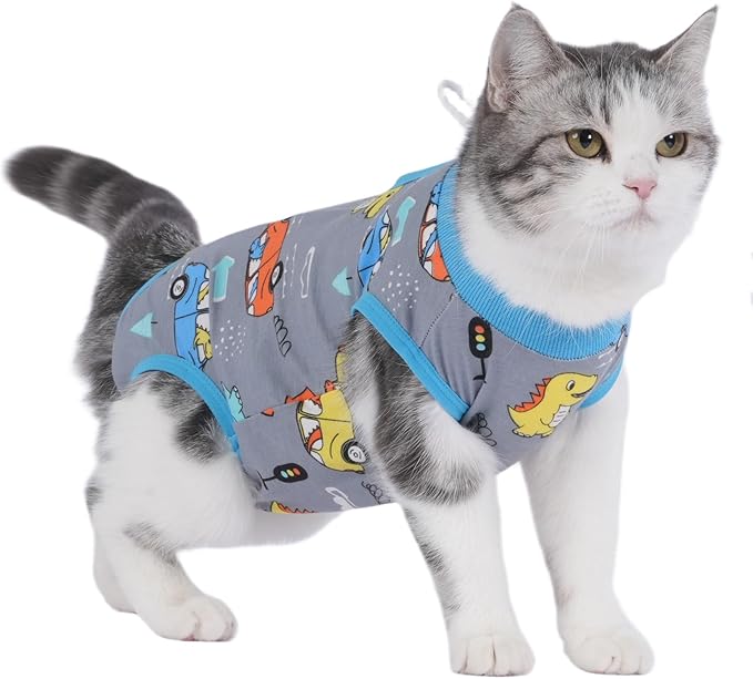 Cat Surgery Recovery Suit Professional for Surgical Abdominal Wound Or Skin Diseases E-Collar Alternative for Cats After Surgery Wear Pajama Suit (Gray, Medium)