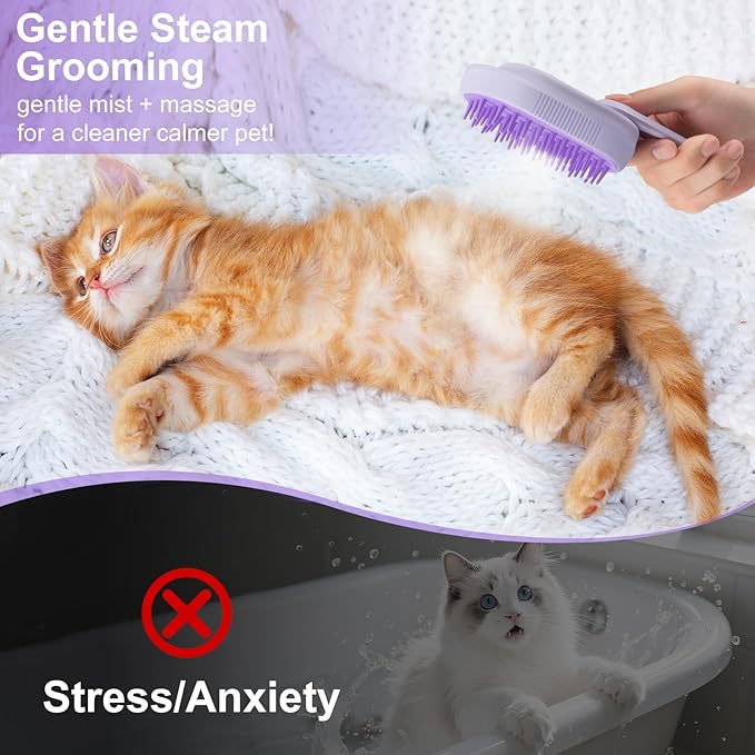 Steam Brush for Cat & Dog – 3-in-1 Spritz Pet Spray Hair Removal Comb for Grooming & Shedding Steam – Water Brush for Long & Short Haired Pets– Includes Two Bottles Waterless Shampoo