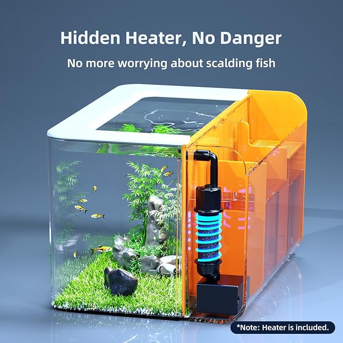 Small Fish Tank Aquarium Kit with Heater, Self Cleaning Hidden Filtration, Light, Lid, Adjustable Water Flow Pump, 2.5 Gallon, Acrylic