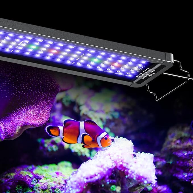 Pawfly 36W Saltwater Aquarium Light for 36" to 45" Fish Tanks Dimmable LED Reef Light for Coral Extendable Marine Fish Tank Light with Full Spectrum D/N Mode Timer Auto On/Off Adjustable Brightness