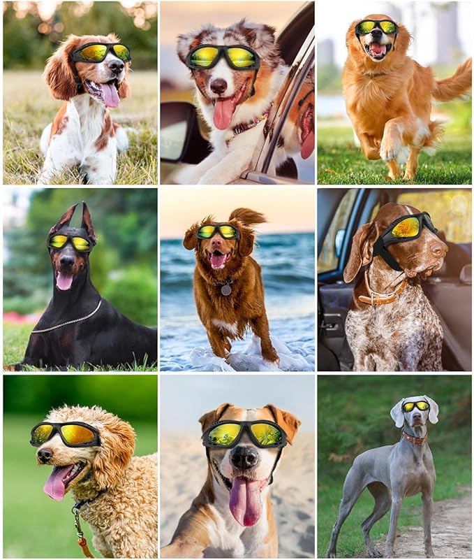 Dog Goggles Large Breed, UV Protection Dog Sunglasses with Sponge Pad and Adjustable Strap, Windproof Dustproof Anti-Fog Eye Protection Glasses for Outdoor Driving Riding, Black