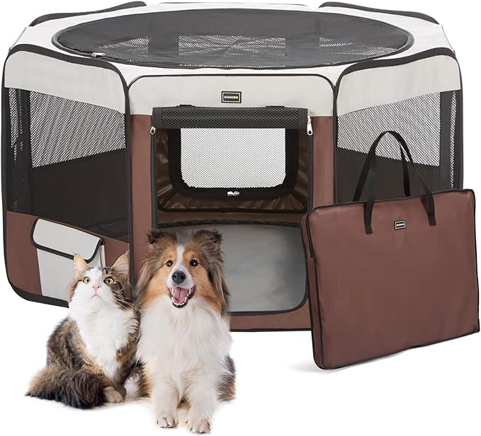 DONORO Dog Playpen Portable Pet Play Pens for Small Dog/Cat/Rabbit/Chicks, Cat Playpen Indoor/Outdoor with Carring Case, Removable Zipper Top and Bottom (Brown, Small (28"x28"x14"), 8)