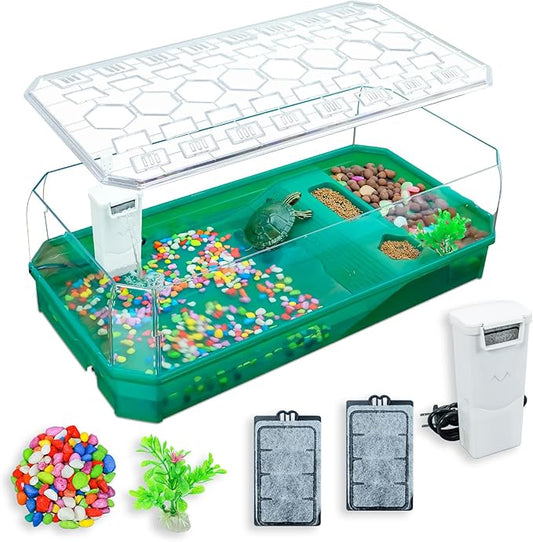 Aquatic Turtle Tank Habitat Kit Stone+Filter+Heat Lamp Enhancing Interaction with 360° Viewing, Standalone Filtration, DIY Creative Zone, Enriched Living (Green, XL[Without Light])