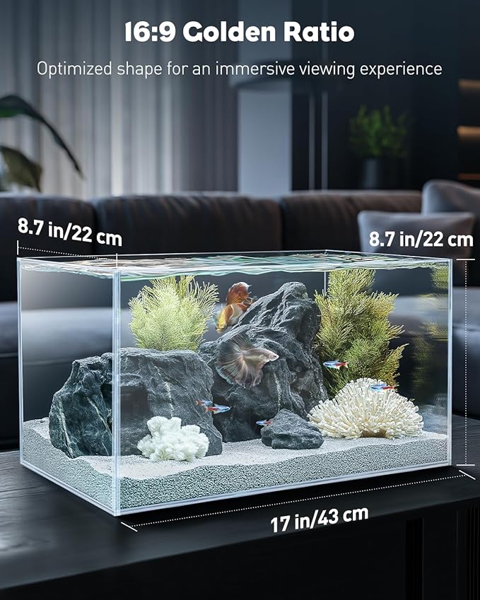Pawfly 5 Gallon Fish Tank Ultra Clear Rimless Glass Aquarium Kit with Extendable LED Light Internal Filter Magnetic Brush & Thermometer Stickers Rectangular Glass Fish Tank Kit for Betta Shrimp Plants