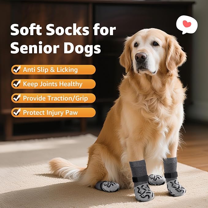 Double Sides Non-Slip Dog Socks to Prevent Licking Paws - Strong Traction for Hardwood Floors, Senior Dogs, Paw Protector, Dog Socks with Grippers - Size Large