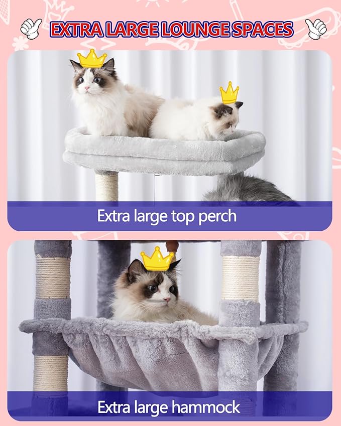 Cat Tree, Cat Tower for Large Cats with 2 Big Platforms, 2 Baskets, condo and Toys, 63" Cat Scratching Posts for Indoor Cats, Light Gray GCT020W