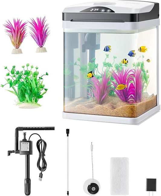 VEVOR Fish Tank Aquarium, 2 Gallon LED Square Ultra-Clear Glass Tank Temperature Monitoring Adjustable 7 Color Lighting, Self Cleaning System Fishbowl for Freshwater & Saltwater Fish Home,Office,Pet