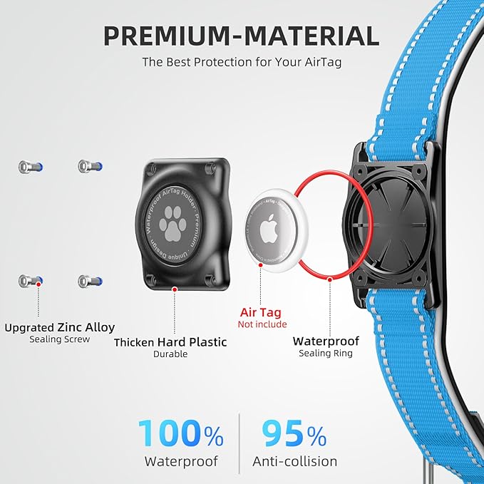 Airtag Dog Collar - 100% Waterproof Air tag Dog Collar Holder for Apple AirTag, Reflective, Soft Padded, Everlasting, GPS Dog Collar for Small Medium Large Dogs (Blue, M)