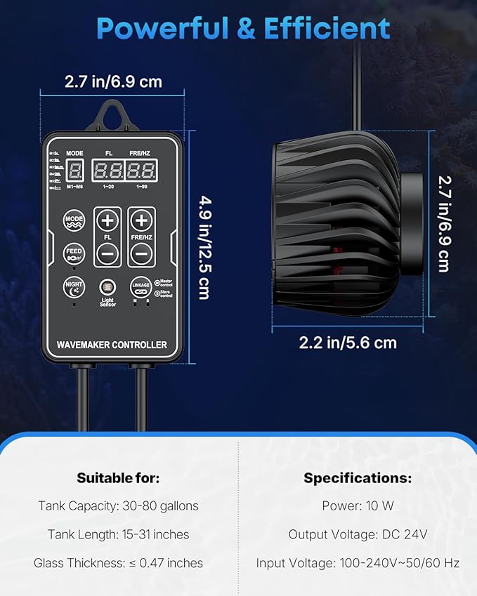 Pawfly 2100 GPH Wave Maker for Aquarium, DC 24V 10W Aquarium Powerhead with LED Controller, Quiet Submersible Wavemaker, Water Circulation Pump for 30-300 Gallon Freshwater Saltwater Tank