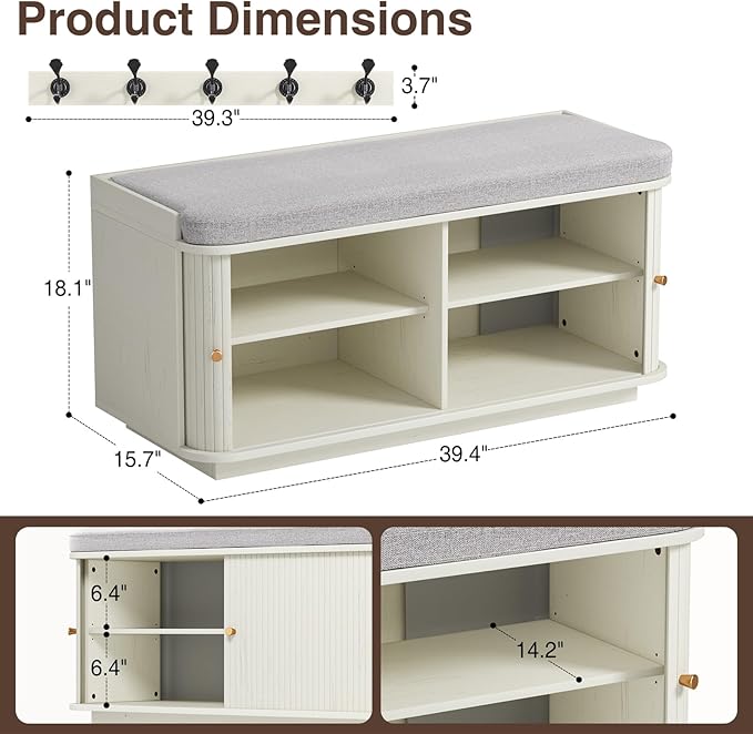 Cream White 39.4" W 2-Tier Shoe Bench with Storage | Entryway Bench with Padded Cushion, Sliding Doors & 5 Hooks