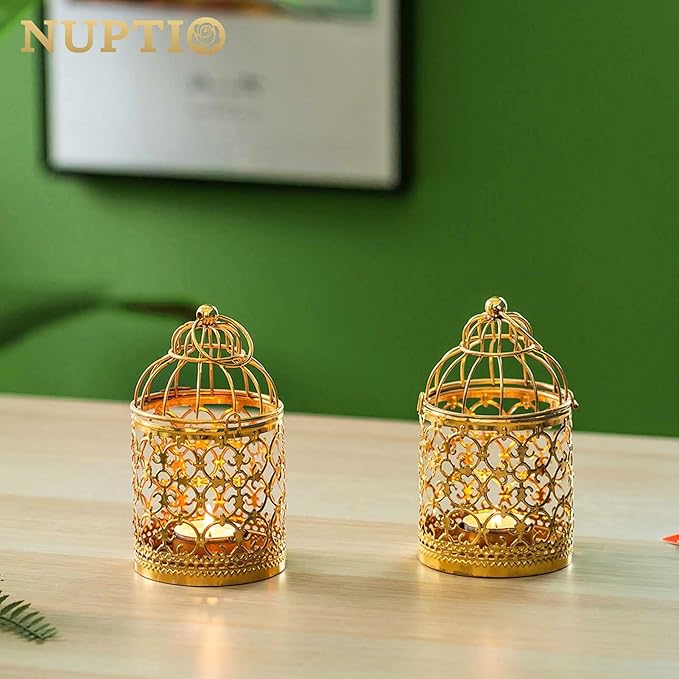 6 Pcs Small Metal Tealight Hanging Birdcage Lantern, Vintage Decorative Centerpieces of Wedding, Party, Gold