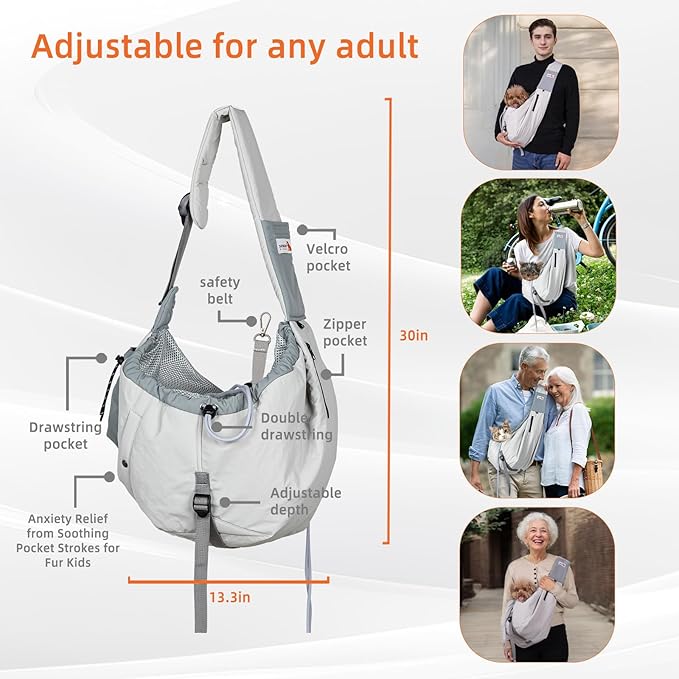 Dog Carrier Sling,Dog Carriers for Small Dogs & Cats Up to 20lbs,Puppy Carrying Backpack Pet Purse with Pockets,Adjustable Shoulder Strap,Hands Free for Travel (Grey)