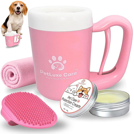 Dog Paw Cleaner for Small & Medium Dogs – Portable Paw Washer Cup with Soft Silicone Brush, Towel & Moisturizing Balm – Gently Cleans Muddy Paws After Walks (Pink, Medium)