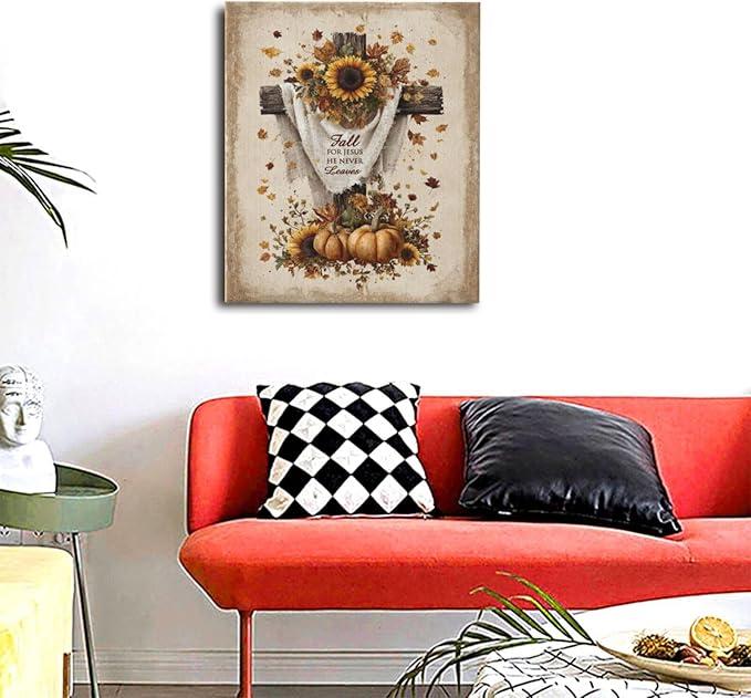 Christian Fall Wall Art Autumn Rustic Cross Sunflower Pumpkin Wall Decor Fall for Jesus He Never Leaves Pictures Painting Print Framed Artwork Decorations Gifts for Living Room Bedroom Prayer Room Office 20"x24"