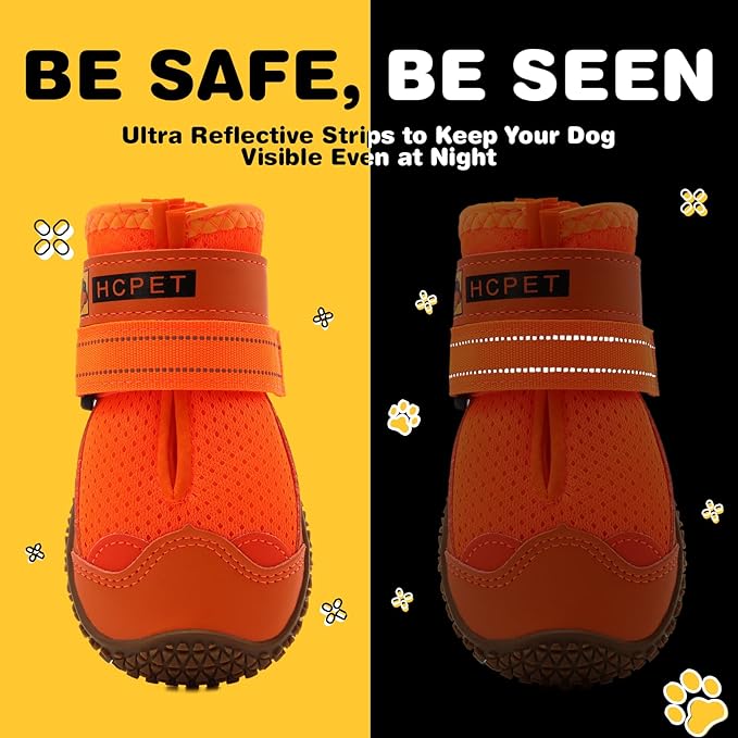 Hcpet Dog Shoes for Large Dogs, Breathable Dog Booties for Small Medium Dogs, Anti-Slip Dog Boots & Paw Protectors for Hot Pavement Winter Snow Hiking with Reflective Straps Orange Size 1