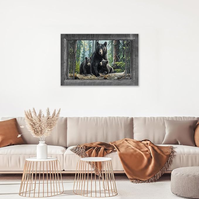 Black Bear Wall Art Forest Window Canvas Cabin Living Room Pictures Prints Animal Wall Decor Painting Artwork for Bedroom Dining Office Home 24"x16"