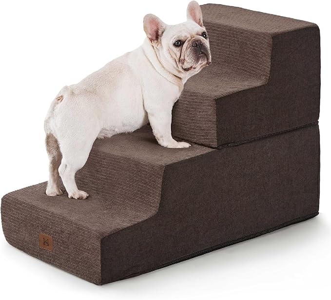 Dog Stairs for High Bed, Dog Steps for Bed Couch Sofa, 35D Foam Extra Wide Pet Steps for Small Dogs and Cats, Pet Stairs with Non-Slip Bottom Brown, 4 Steps