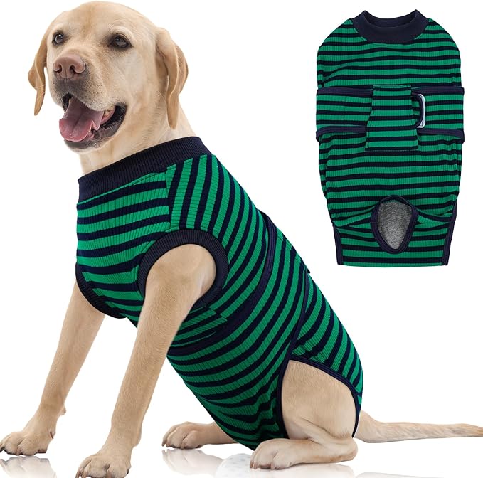 FUAMEY Recovery Suit for Dogs After Surgery,Soft Breathable Dog Bodysuit E-Collar & Cone Alternative Surgical Suit,Male Female Dog Neuter Spay Suits Anti Licking Wounds Onesie Green Black Stripes L