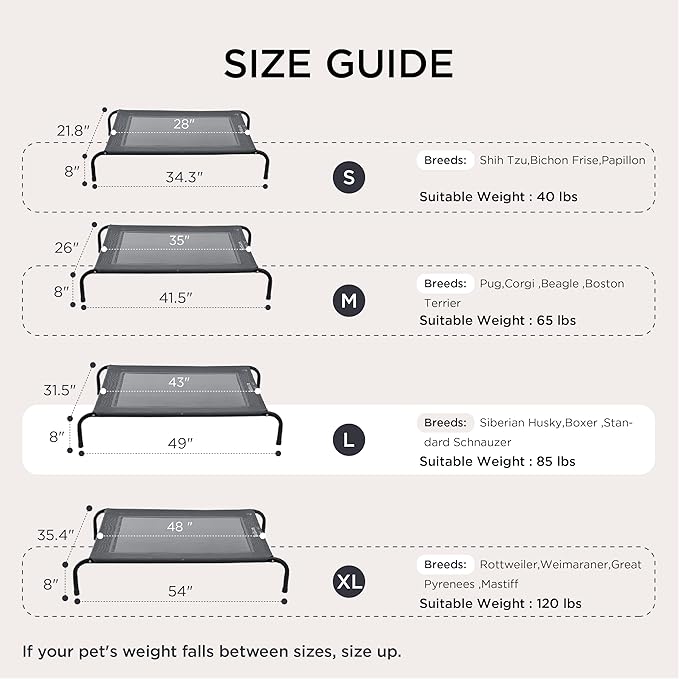 Bedsure Outdoor Elevated Dog Beds for Small Dogs, Portable Indoor & Outdoor Cooling Raised Cot Pet Hammock Bed with Skid-Resistant Feet, Frame with Breathable Mesh, Grey, 35 inches