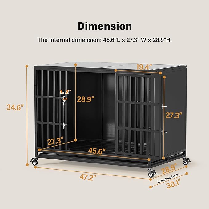 48 inch Heavy Duty Dog Crate with Self-Locking Latch, Indestructible Large Steel Kennel with Enclosed Design, Escape-Proof and Chew-Proof Pet Cage for High Anxiety Dogs