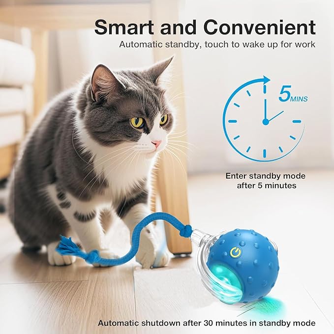 Interactive Cat Toys Ball - 2025 New Gen with Smart Obstacle Avoidance,Bird Chirps & Auto Wake-Up,Includes 1 Speedy Tail 2.0 Ropes, Ideal Kitten Toys for Bored Indoor Cats (Blue)