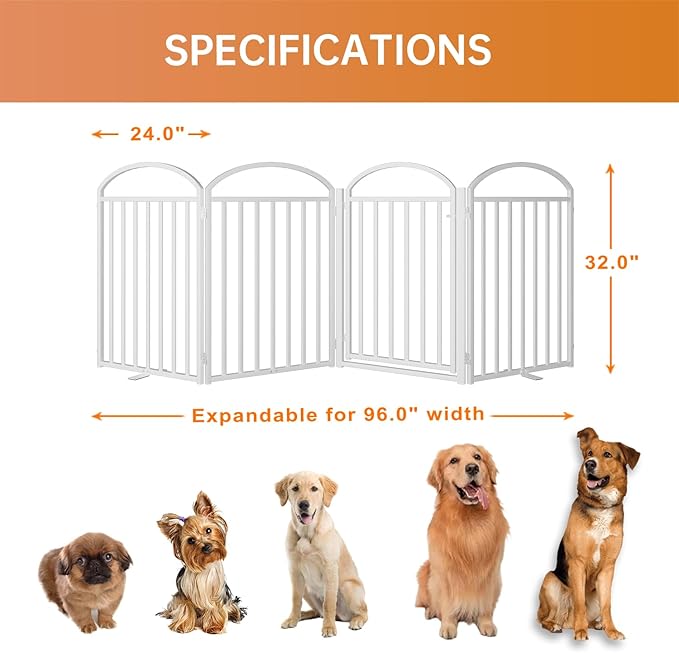 4 Panles Full Matel Freestanding Dog Gates with Door, 96"Extra Wide 32"Tall Free Standing Dog Pet Gate for Indoor & Outdoor. Foldable Pet Fences for Doorways, House, Stairs, Porch, Deck, Yard