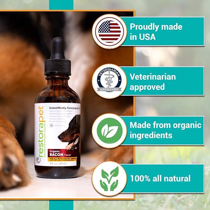 RestoraPet 2-Pack Dog & Cat Bacon Liquid Multivitamin | Dog Arthritis Pain Relief | Hip & Joint Vitamins for Dogs - Anti Inflammatory Supplement for Dogs & Cats | Organic & Non-GMO, Vet Approved
