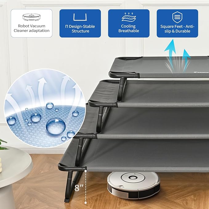 Elevated Dog Bed, Outdoor Dog Bed Raised Bed Cooling Waterproof Pet Beds Cots Stable and Easy Assembly, Teslin Fabric with 1.2mm Thick Iron Frame, Breathable, Ultra-Sturdy，Grey, 48 * 32 * 8.7