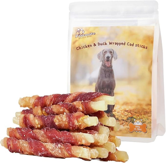 Triple Flavor Dog Treats, Chicken Duck Wrapped Cod Sticks, Rawhide-Free Grain-Free Soft Chewy Treats Natural Ingredients, Training Snacks for Small Medium Large Dogs, 15-17 Counts, 10.6 oz