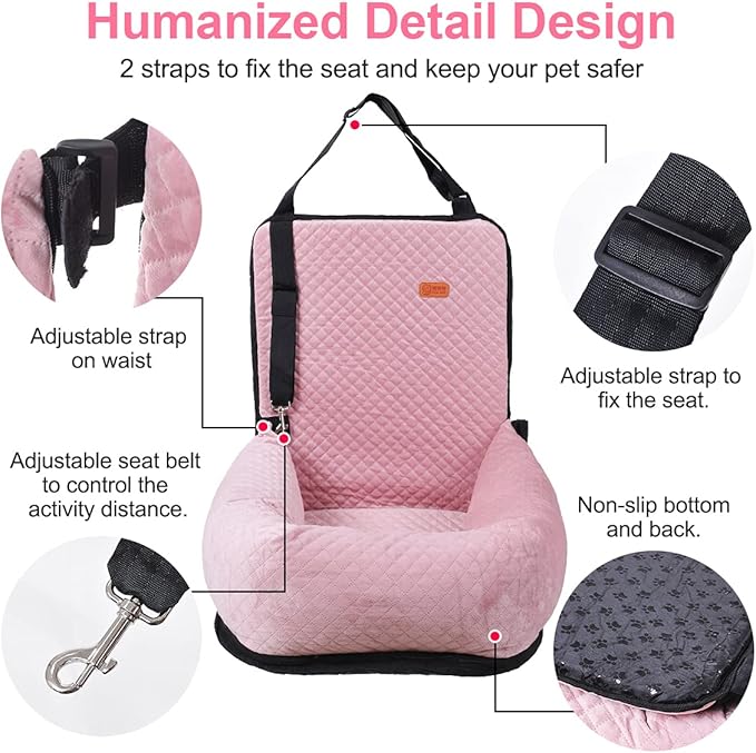 Dog Car Seat for Small Medium Dogs Up to 40lbs, Detachable Washable Soft Pet Booster Travel Bed for Front & Pink Seat with Safety Leash Belt