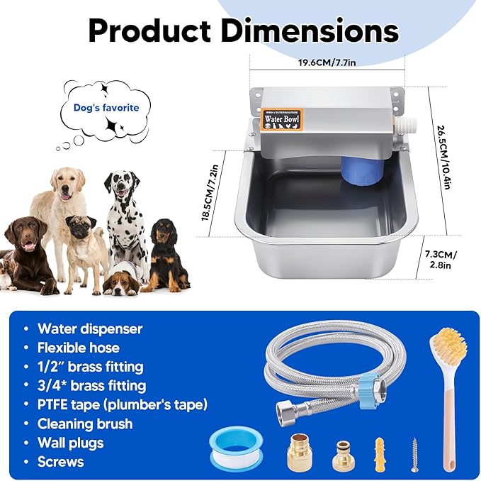 Automatic Water Dispenser for Dog, 3L Dog Water Bowl Dispenser, Stainless Steel Indoor/Outdoor Water Feeder Suitable for Dogs Livestock Chicken Horse, Easy to Clean