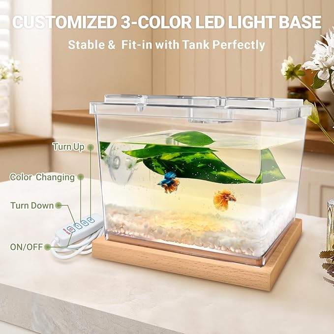 Mini Betta Fish Tank Kit with LED Light Base, Small Fish Bowl for Temporary Space, 0.2 Gallon Stackable Cube Tank with Betta Leaf for Small Fish, Insect, Shrimp, Crab, Spider (Kit-1)